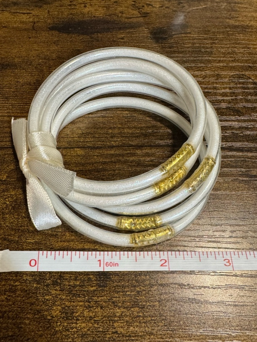 *Pearl White and Gold Wrapped Silicone Bangle Bracelet Set Bride to Be - Picture 3 of 3